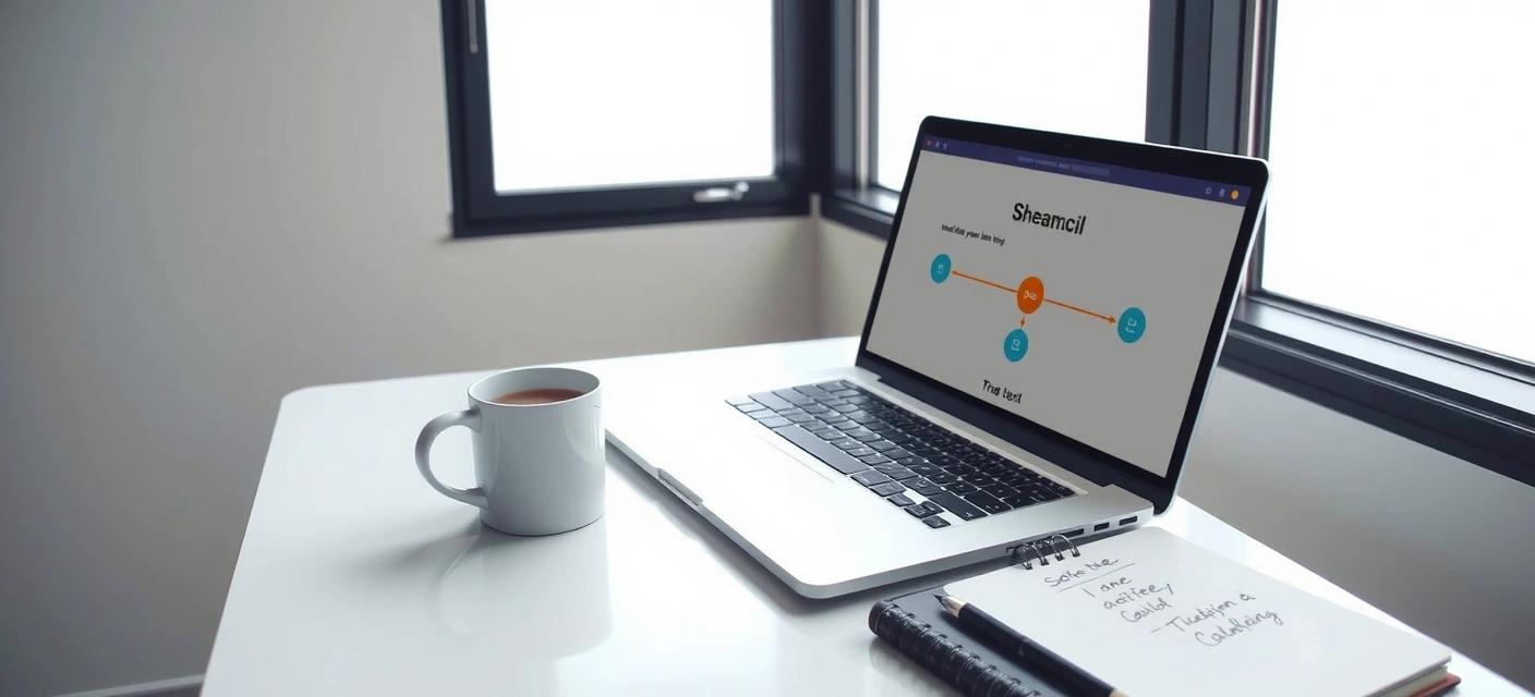 Minimal office workspace showing a laptop with a website mockup
